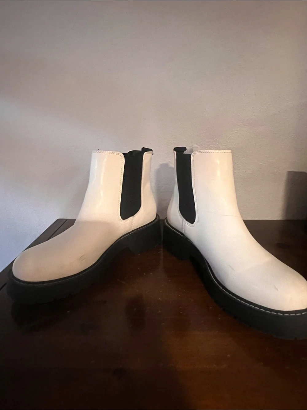 Madden Girl White Chelsea Lug Sole Ankle Boots with Black Elastic - White Pari